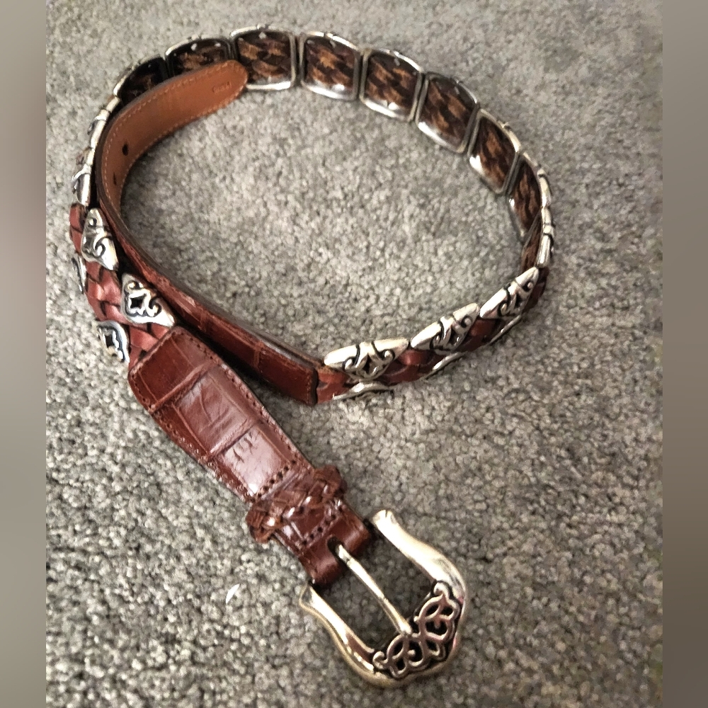 Vintage 1996 Ladies Brighton Belt #91807 Braided Tan Leather Heavy Silver Sz S